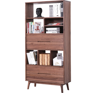 北美黑胡桃木书柜北欧实木满墙书架书房原木轻奢极简客厅组合柜子