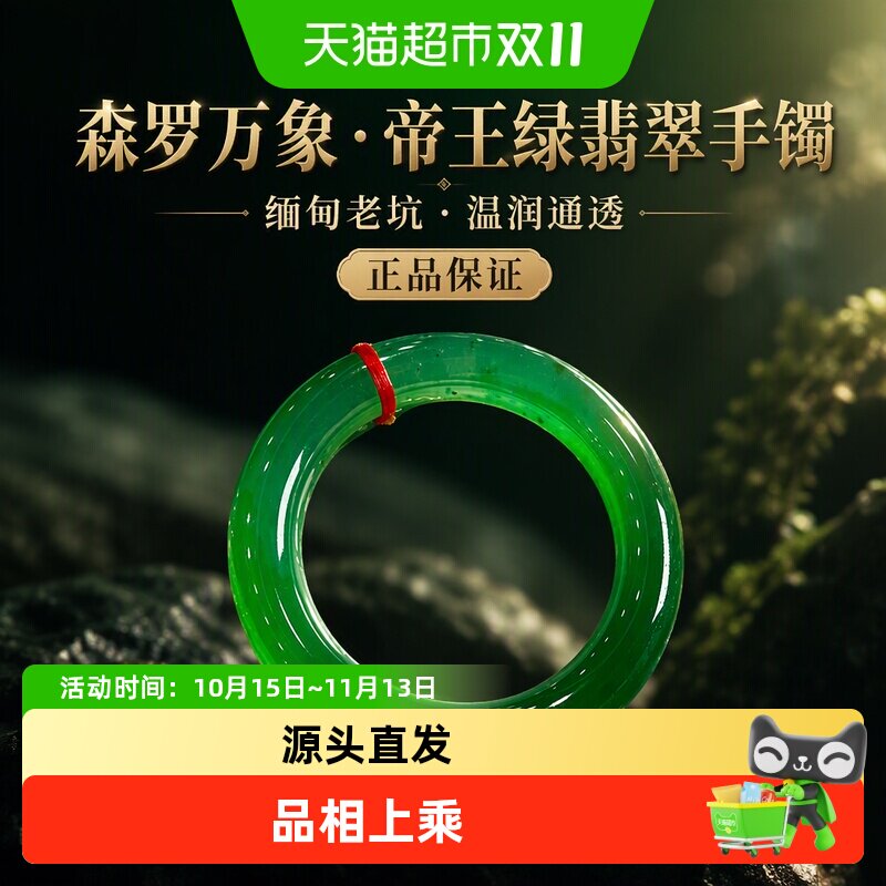茶叶翠【森罗万象】高端缅甸翡翠玉手镯子女款帝王绿满绿正品真玉