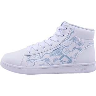 特步女鞋板鞋高帮棉鞋冬季新款白色加绒保暖休闲小白鞋子运动鞋女