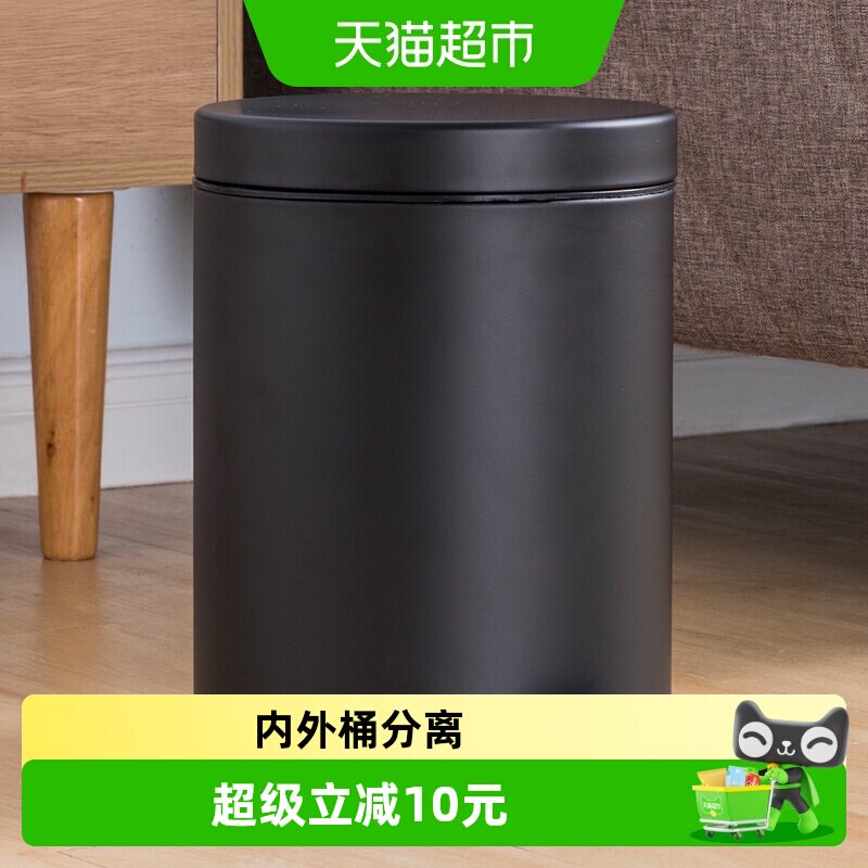 欧润哲哑光黑色带盖含内桶垃圾桶图片