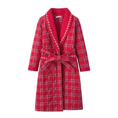 夹棉红色女士冬季三层中长款睡袍