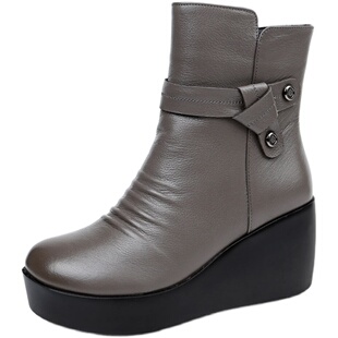 秋冬季松糕底厚底女短靴坡跟真皮百搭单靴高跟女鞋加绒棉靴子短筒