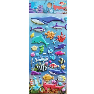海洋鱼类儿童贴纸海底动物海豚鲨鱼3D立体泡泡贴幼儿园奖励粘贴画