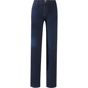 捷纯加绒牛仔裤女直筒高腰显瘦八面弹力深蓝色长裤冬季加厚带绒裤