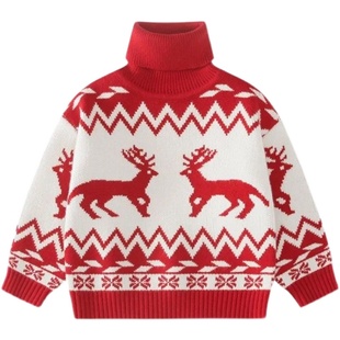 女童圣诞鹿毛衣2025秋冬新款儿童洋气女孩高领加绒加厚打底针织衫