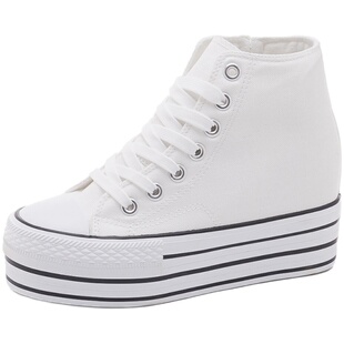 2025春季新款高帮帆布鞋女内增高松糕鞋子经典系带百搭厚底休闲鞋