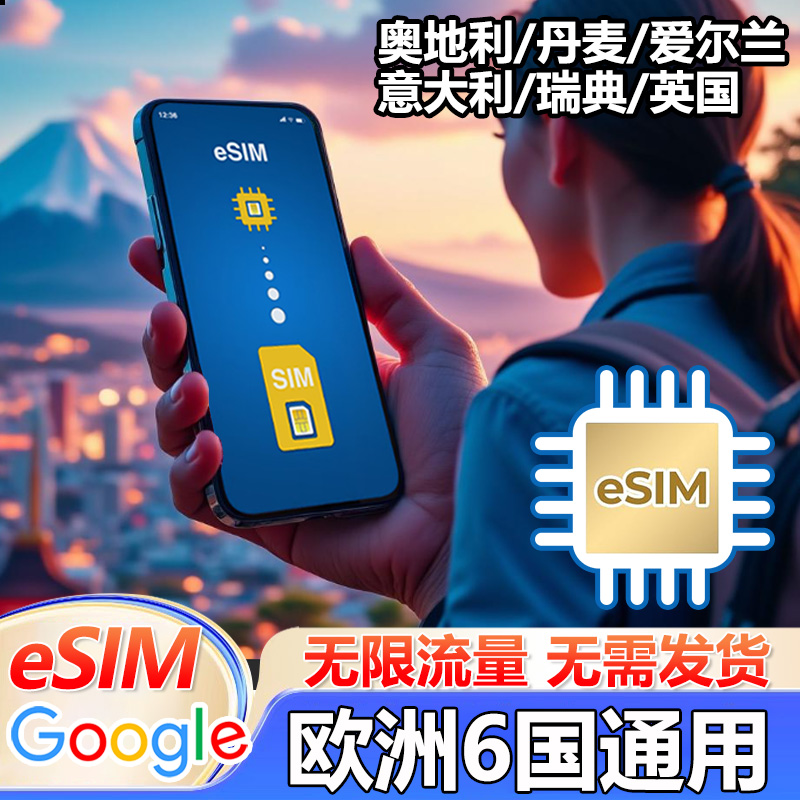 eSIM欧洲电话卡多国通用4G/5G无限流量上网卡英国/奥地利/丹麦