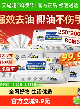 SnowDream厨房湿巾去污去油家用加大加厚一次性清洁湿纸巾80抽6包
