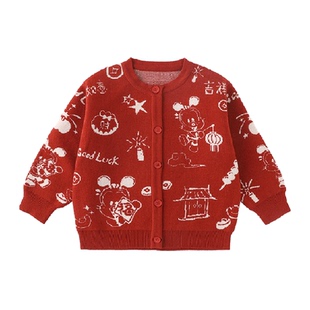 巴布豆女童毛衣开衫秋冬季拜年中小童圆领针织衫过年儿童红色毛衫