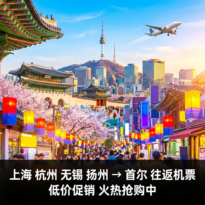 上海杭州往返首尔4/5天单机票无锡韩国酒店签证接送机旅游套餐