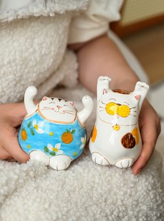 玺闻乐见创意陶瓷摆件可爱猫咪家居桌面摆件首饰架车载礼物装 饰品
