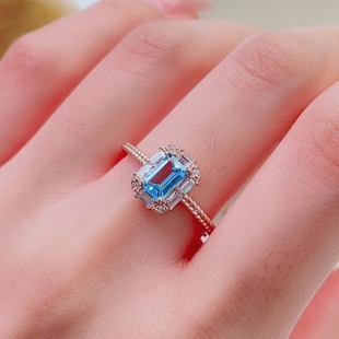 宝石指环女可调节 天然瑞士蓝托帕戒指 925纯银镶嵌简约复古款