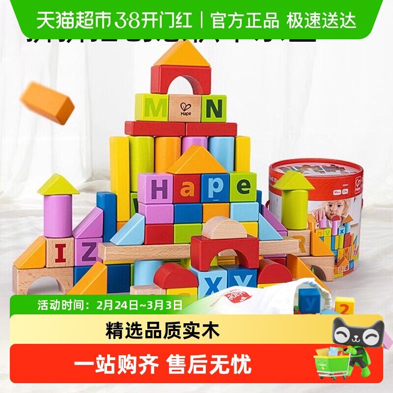 Hape木制积木大颗粒1-6岁宝宝启蒙儿童早教幼儿拼搭玩具生日礼物