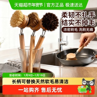 长柄锅刷可替换刷头天然软毛马鬃毛剑麻椰棕清洁刷实木柄洗锅碗刷