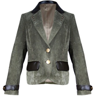 蒸汽大陆 女士复古苔藓深绿色拼接短款直筒上衣外套小西装西服