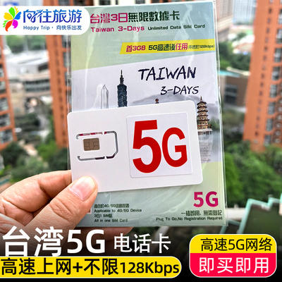 台湾5G电话卡高速流量上网卡3/5/8天通用旅游网络4G卡不含通话