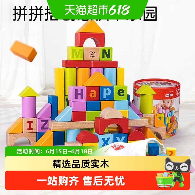 Hape积木大颗粒1-6岁宝宝启蒙儿童早教幼儿拼搭木制玩具生日礼物