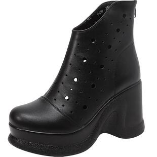 2025春季新款真皮女鞋镂空松糕底牛皮凉鞋高跟坡跟女凉靴皮鞋潮