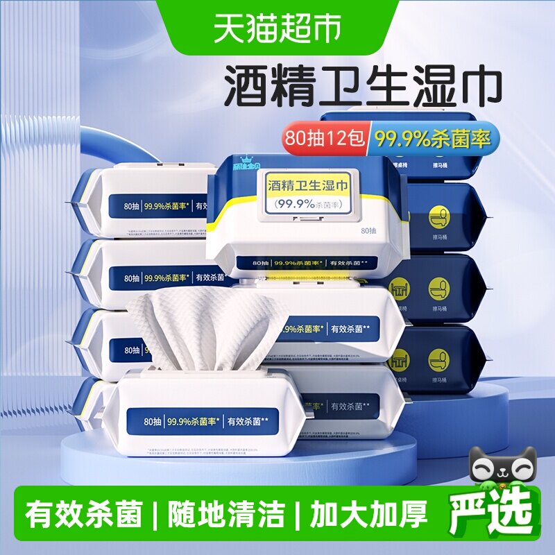 丽佳宝贝酒精湿纸巾家用学校学生卫生酒精杀菌加大带盖80抽12包