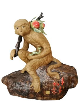 石湾陶瓷生肖猴摆件招财如意老人生日寿筵礼品家居客厅电视柜摆设