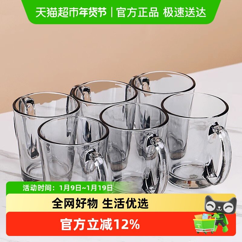 烟灰色玻璃杯家用带把手柄喝水杯耐热绿茶杯简约客厅家庭杯子套装