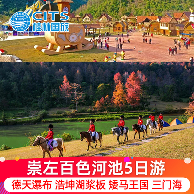 广西崇左百色河池5天4晚德天瀑布矮马王国三门海鹅泉浩坤湖五日游
