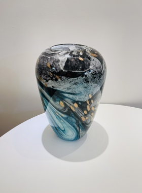 外贸出口手工玻璃花瓶金砂洒金蓝色花器高度27口径9直径18