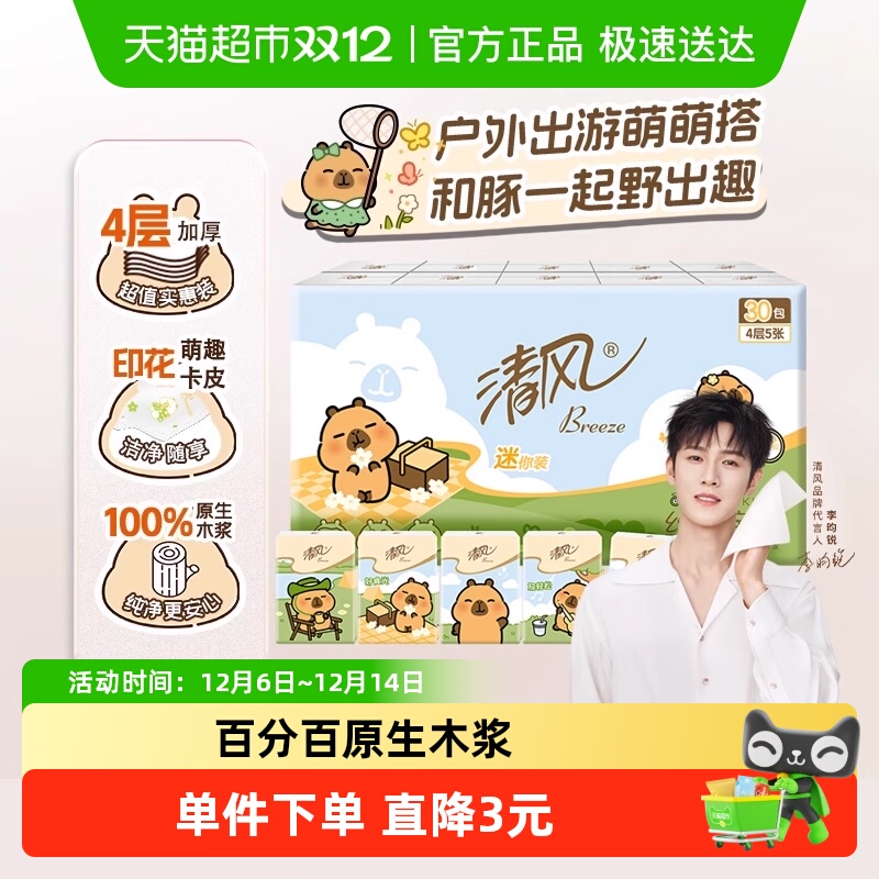清风卡皮巴拉手帕纸4层5张30包