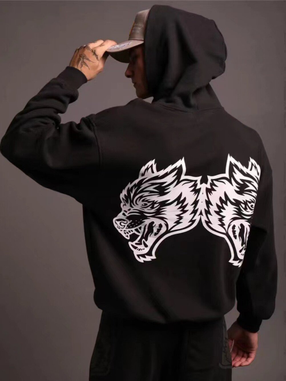 BIG WAVE BROTHER DOUBLE WOLF HEAD LOOSE FITNESS HOODED SWEATSHIRT [EUROPEAN AND AMERICAN SIZE]