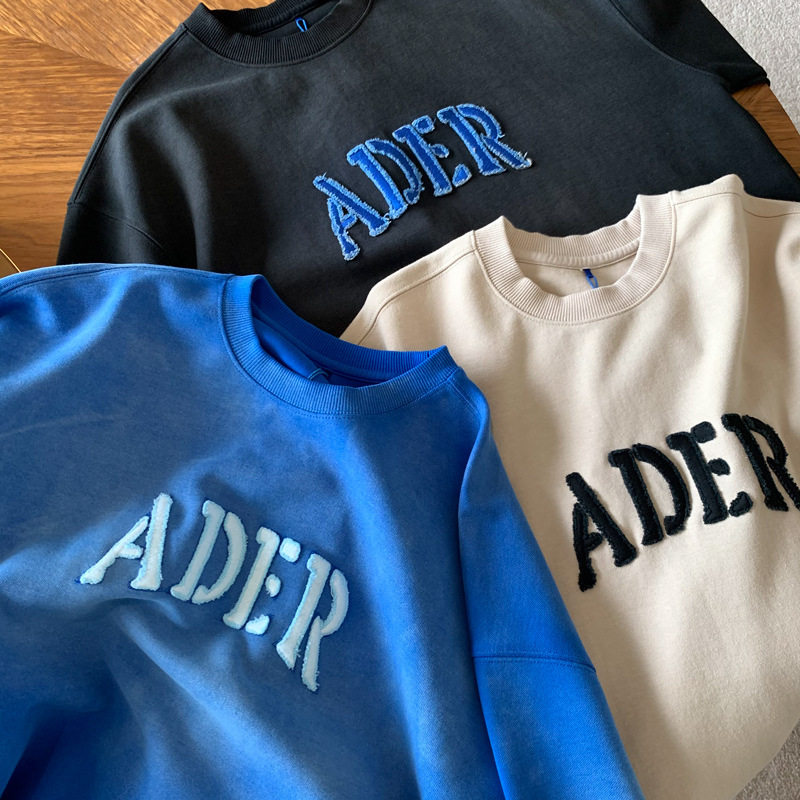 Ader春装新款扎染牛仔刺绣印花长袖卫衣宽松ins潮女韩头圆领套头
