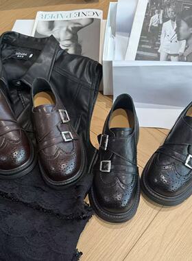 英伦风乐福鞋布洛克鞋女2026春季新款加绒小皮鞋一脚蹬黑色单鞋子