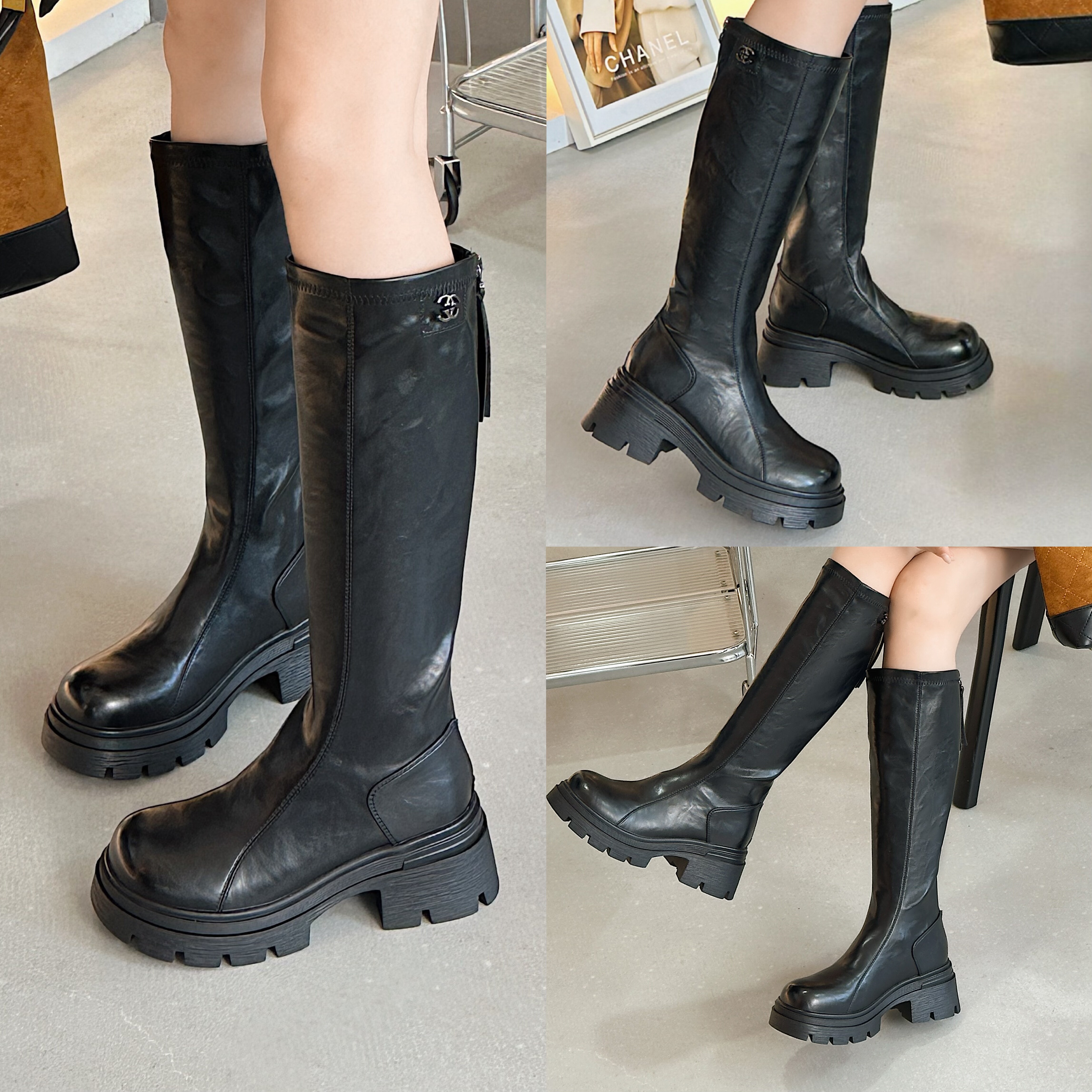 米兰2025秋冬加绒高筒靴英伦风骑士靴时装长靴高跟粗跟显瘦女靴子
