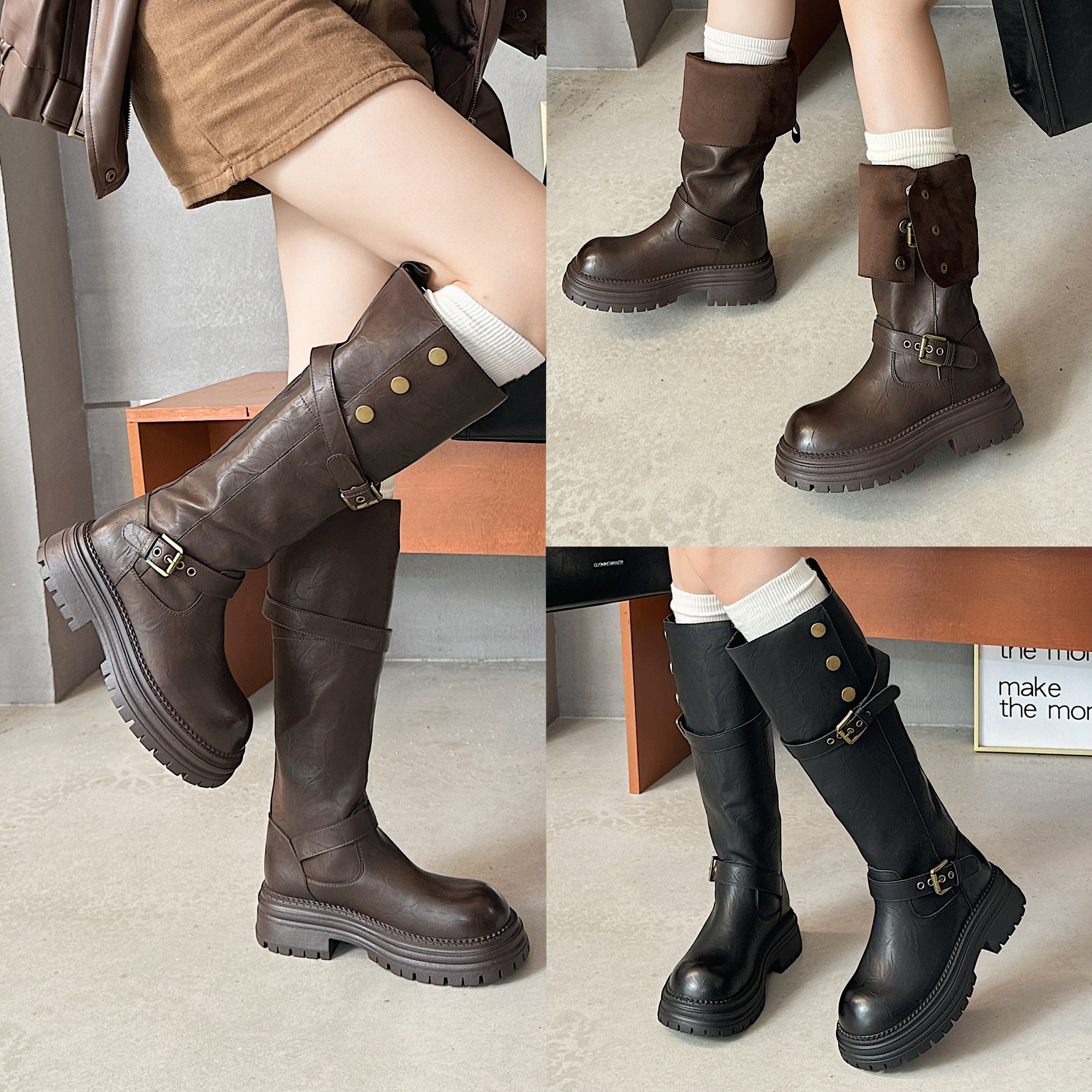 米兰2025冬高跟粗跟加绒骑士靴韩版显瘦休闲厚底长靴两穿女靴子