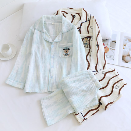 新款儿童春夏秋薄款纯棉纱布睡衣套男童全棉长袖卡皮巴拉家居服
