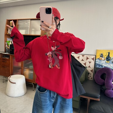 25Ann studio2025韩版时尚休闲百搭宽松高飞印花圆领红色长袖T