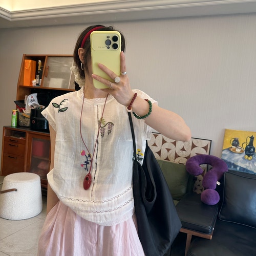 25Ann studio韩版时尚休闲百搭宽松显瘦刺绣花朵花边苎麻衬衫女