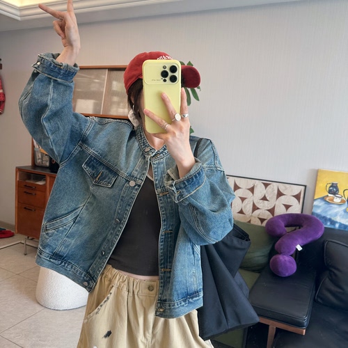 25Ann studio韩版时尚休闲百搭宽松显瘦小立领做旧长袖牛仔外套女