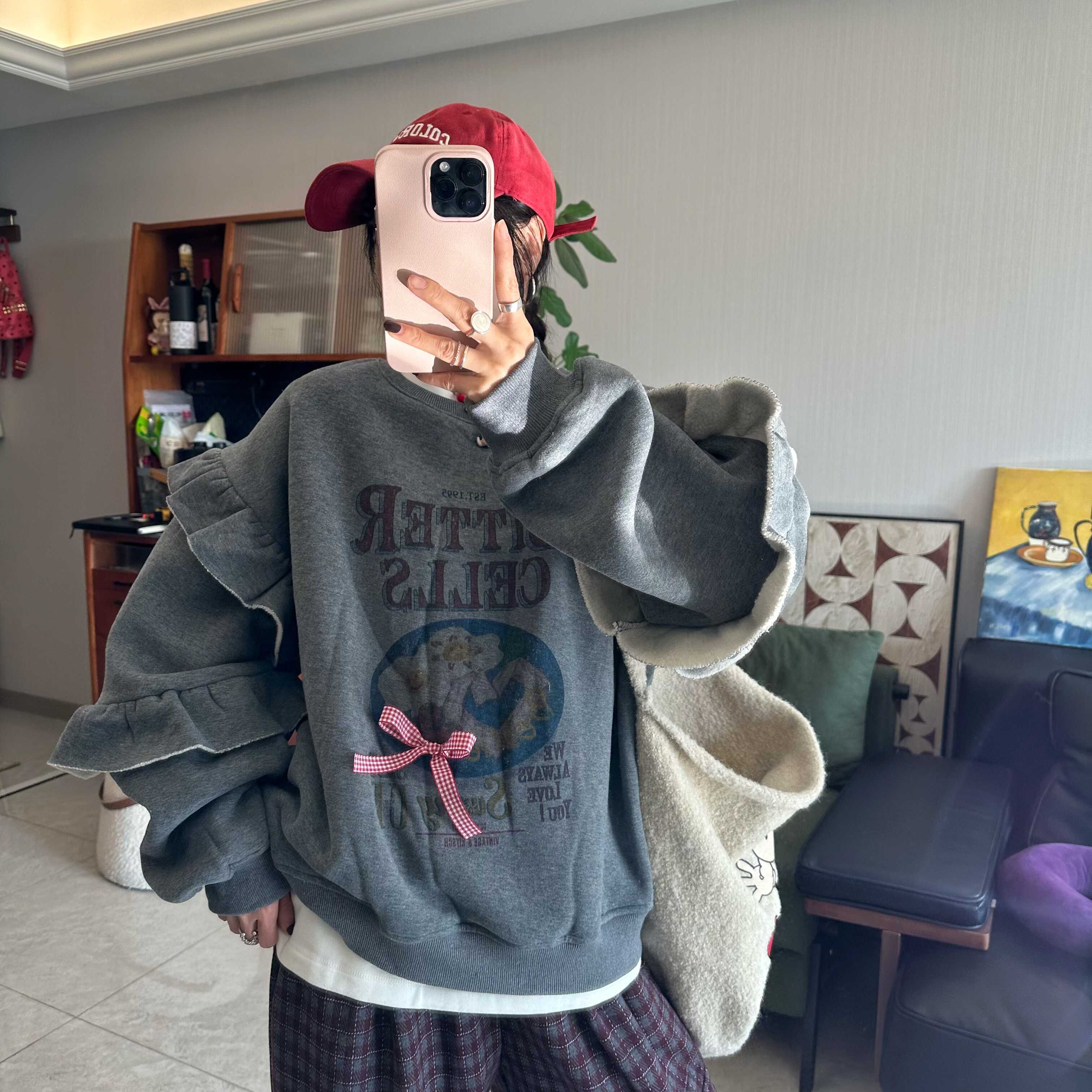 25Ann studio2025韩版时尚休闲百搭圆领宽松蝴蝶结加绒木耳边卫衣