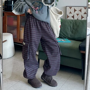 裤 25Ann 休闲百搭宽松复古格子加绒工装 时尚 studio2025韩版