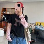 25Ann 假两件套T 百搭粉色小马图案拼接袖 studio2025韩版 时尚