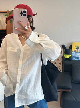 25Ann studio2025韩版宽松休闲百搭V领纯色长袖衬衫女简约通勤