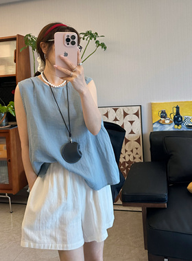 25Ann studio2024简韩巨显白麻料背心上衣韩国宽松前后两穿上衣女
