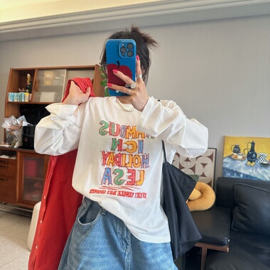 25Ann studio2026韩版时尚休闲百搭宽松字母印花圆领长袖T恤