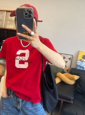 25Ann studio2026韩版时尚休闲百搭宽松字母印花刺绣红色短袖T恤