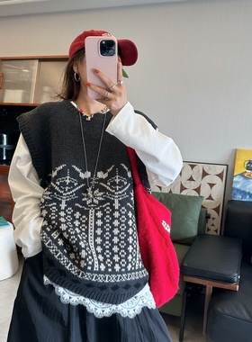 25Ann studio2025韩版时尚休闲百搭圆领钩花毛线马甲背心显瘦时尚
