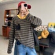 25Ann T恤 休闲圆领宽松拼接针织领条纹长袖 studio2025韩版 时尚