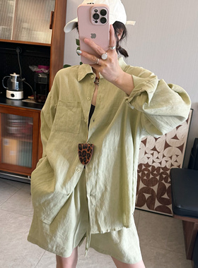 25Ann studio2025韩版宽松休闲百搭亚麻衬衫+短裤套装少女感显瘦