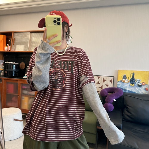 25Ann studio韩版时尚休闲百搭宽松显瘦圆领撞色条纹假两件长袖T