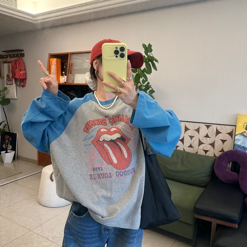 25Ann studio韩版时尚休闲百搭宽松圆领大舌头印花撞色长袖T恤