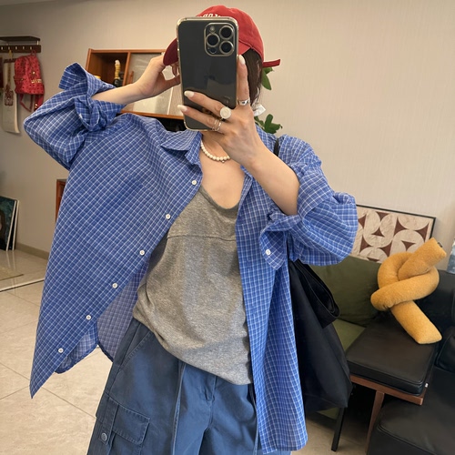25Ann studio韩版时尚休闲百搭宽松慵懒蓝白格子衬衫女防晒长袖
